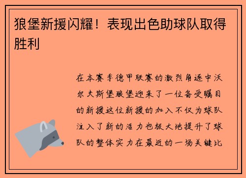 狼堡新援闪耀！表现出色助球队取得胜利